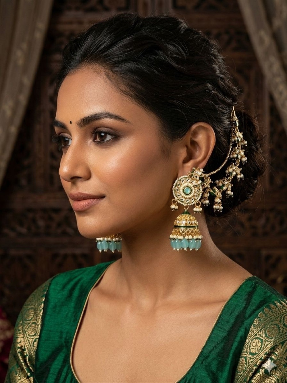Gold and Teal Jhumka Earrings with Pearl Accents